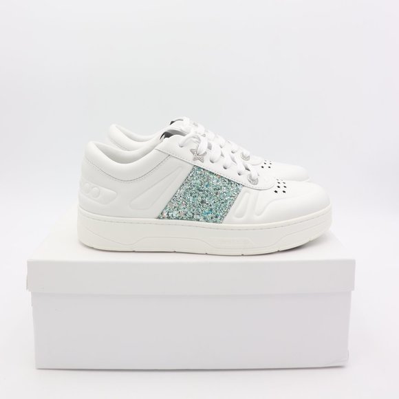 NIB Jimmy Choo Hawaii Leather Glitter Stripe Trainers Sneakers Shoes - Picture 5 of 11
